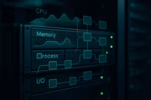Serverrack mit visualisierten CPU- und Speicherlimits durch systemd Resource Control