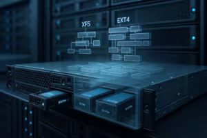 Серверы центра обработки данных с файловыми системами XFS и EXT4 на SSD-накопителях NVMe в фотореалистичном изображении