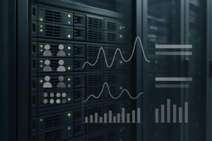 Sala server con server web Apache e monitoraggio delle prestazioni visibile