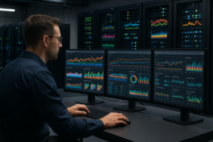 En serveradministratör analyserar CloudLinux-resursdata på bildskärmar i ett datacenter