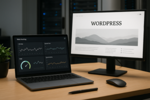 Fotorealistische weergave van een hostingdashboard met prestatieanalyse voor WordPress