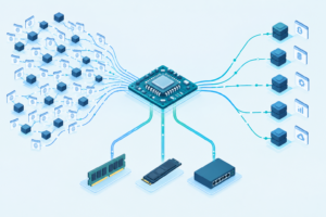 Geabstraheerd serverplatform met gegevenspaden naar RAM, NVMe en het netwerk voor verschillende hostingbelastingen.