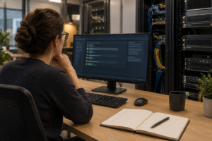 Administratorin prüft einen Linux-Serverstatus vor dem kontrollierten Livepatch-Rollout.