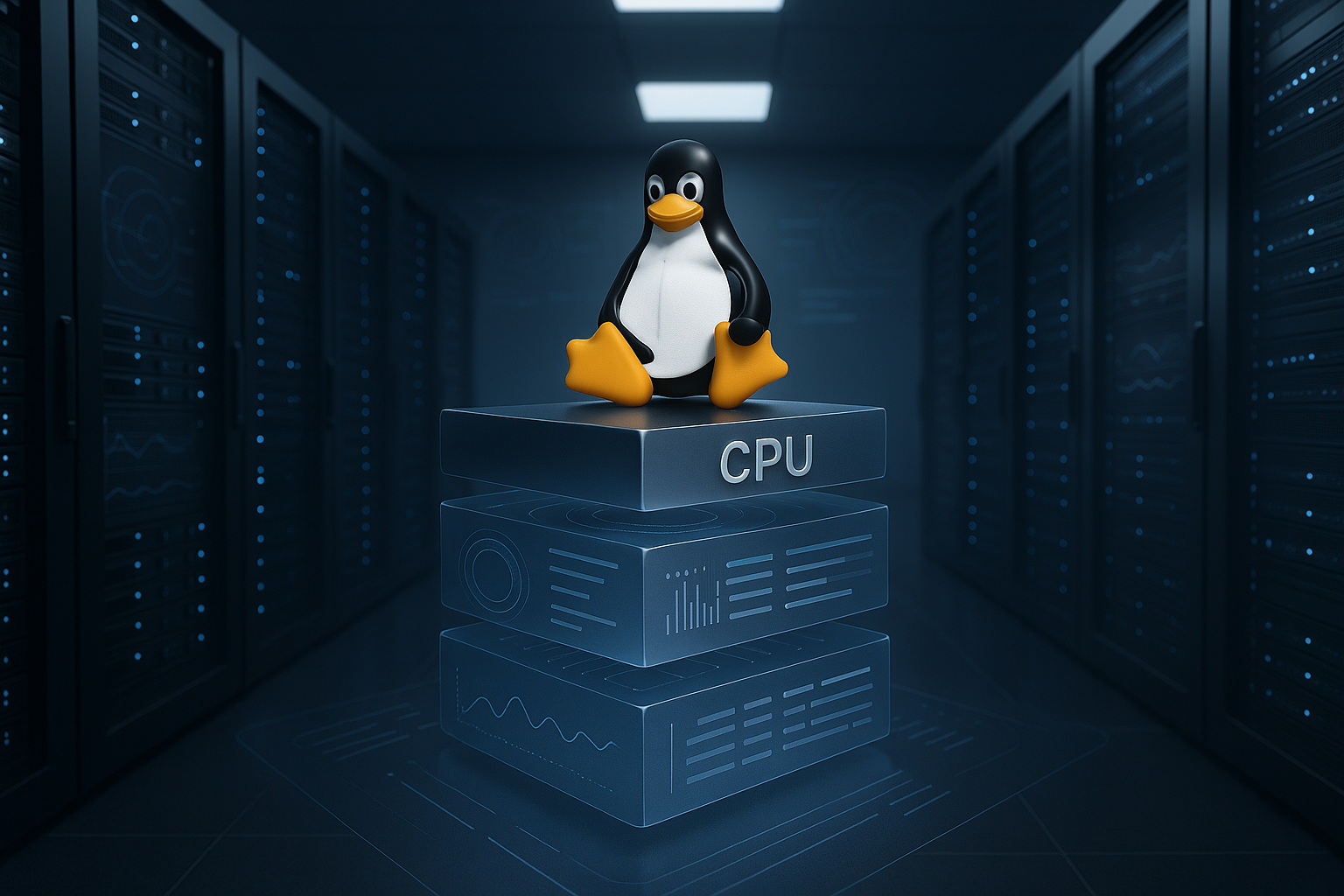 Linuxコンテナ向けの、抽象的なCPU制御機能を備えたフォトリアリスティックなサーバーのモチーフ