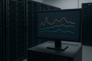 Sala de servidores con servidores Linux y un monitor para el análisis del rendimiento