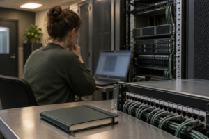 En administratör granskar en uppgraderingsprocess för en databas i serverrummet
