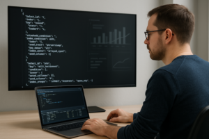 A database administrator analyzes a MariaDB optimizer trace on a monitor