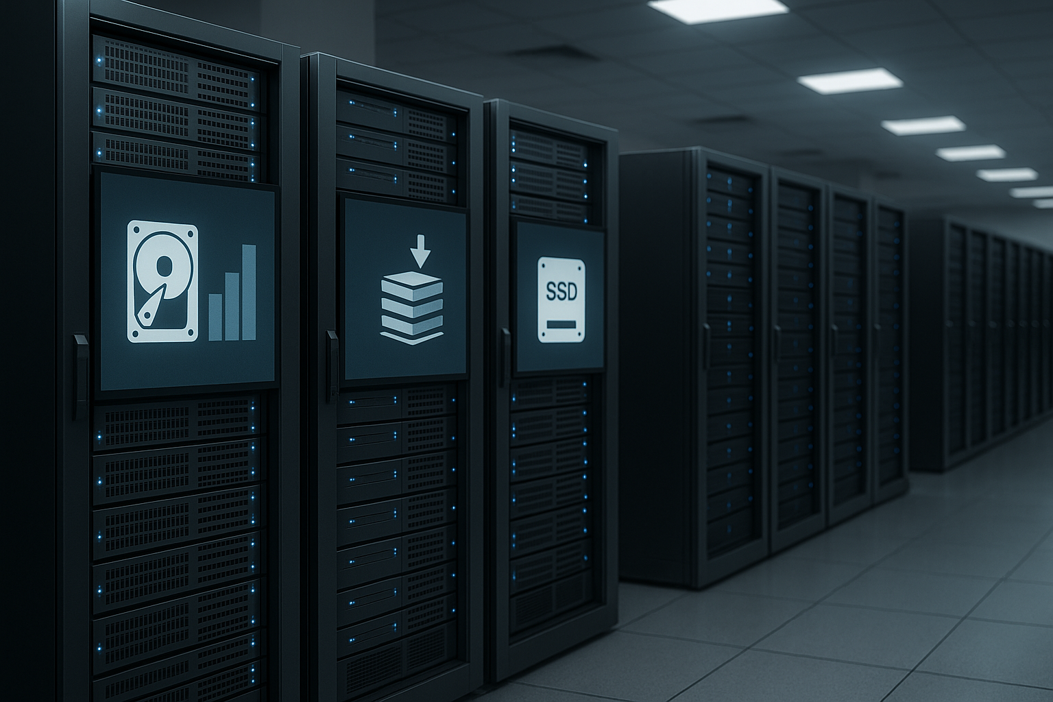 Serverruimte met MariaDB-databaseservers en gevisualiseerde paginacompressie