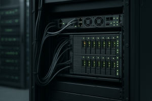 Rack de serveurs hébergeant un serveur de base de données MariaDB en fonctionnement dans un centre de données moderne