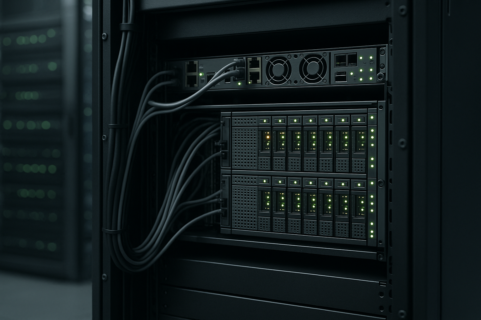 Szafa serwerowa z uruchomionym serwerem bazy danych MariaDB w nowoczesnym centrum danych