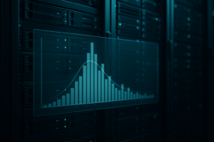 Fotorealistische serverruimte met gevisualiseerde MariaDB-query-tijden