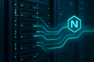 NGINX-serverrack met gevisualiseerde cache-gegevensstroom