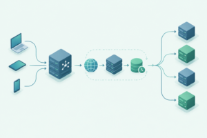 Conceptuele weergave van een NGINX-reverse-proxy met DNS-resolver-cache en wisselende backend-adressen.