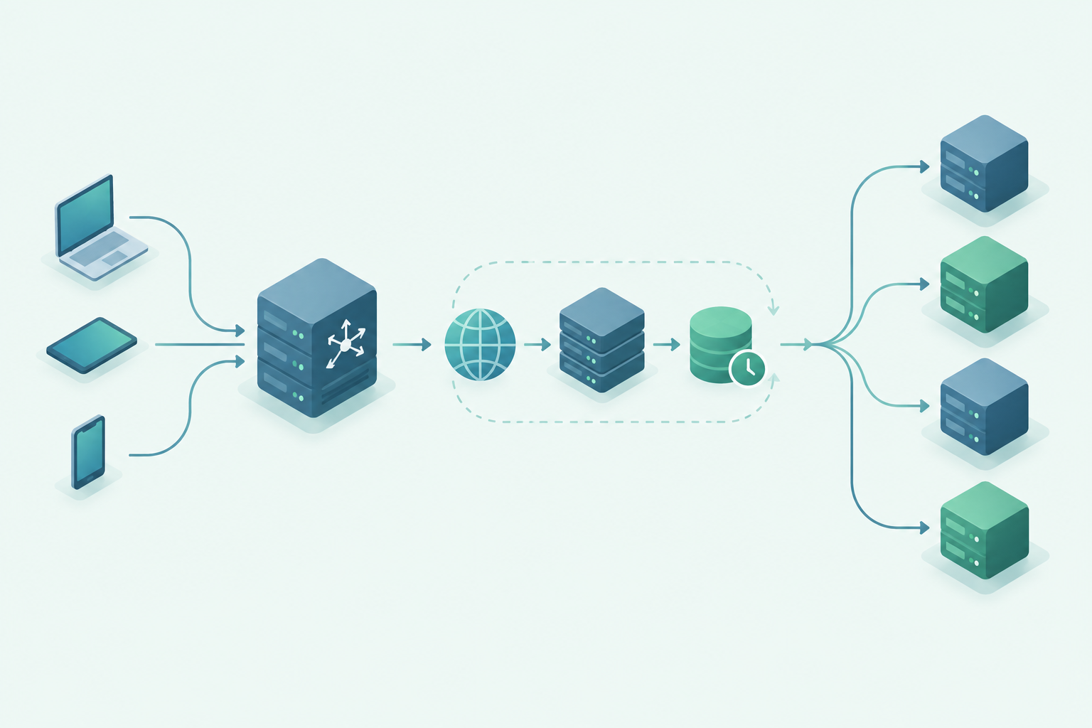 Conceptuele weergave van een NGINX-reverse-proxy met DNS-resolver-cache en wisselende backend-adressen.