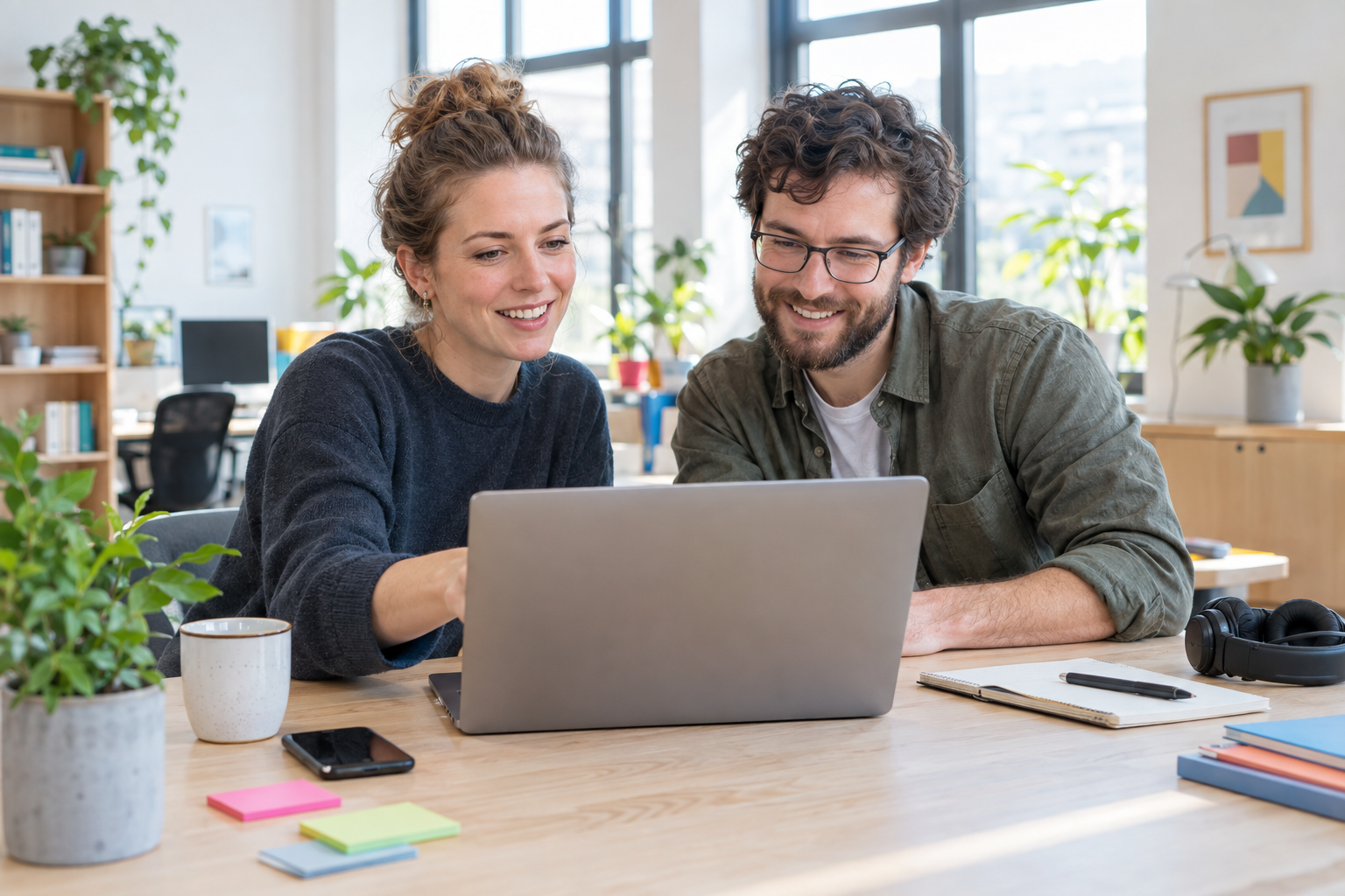 Twee deskundigen bespreken in een licht kantoor de bedrijfsarchitectuur van een PHP-toepassing.