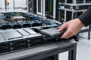 Техник устанавливает SSD-накопитель Enterprise NVMe в сервер в центре обработки данных
