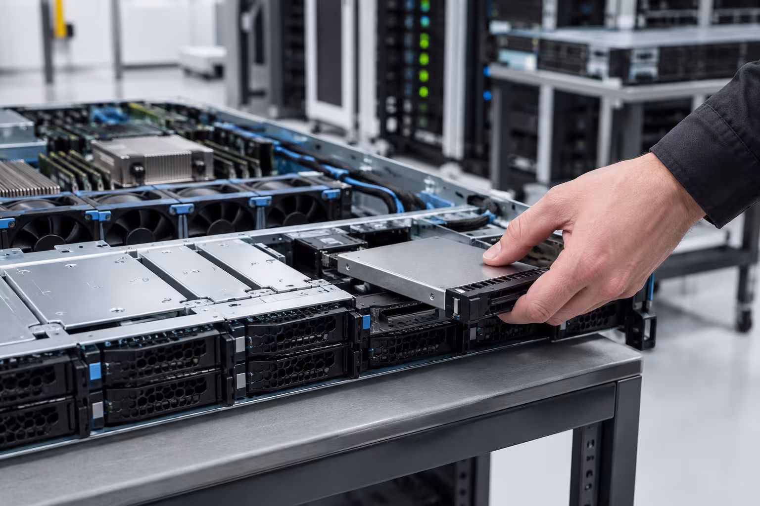 技術者が、データセンターのサーバーにエンタープライズ向けNVMe SSDを取り付けている