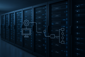 Moderna sala server con hosting Plesk e gestori di eventi automatizzati