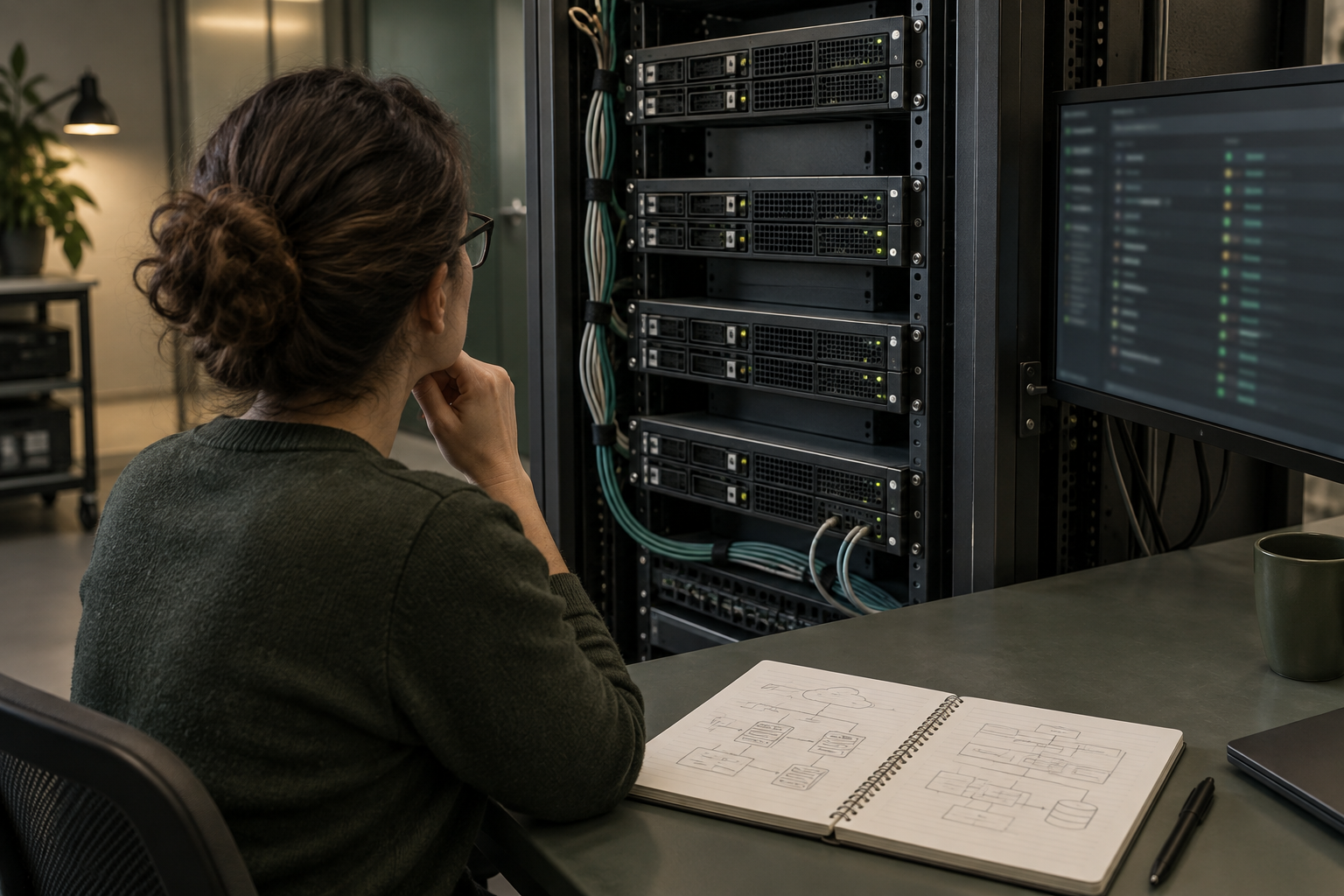 Een beheerster plant een Redis-update voor de serverracks in een hostingruimte.