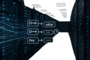 Visualisering av ett stort Redis-cachesystem med serverrack och dataströmmar