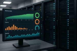 Professional Redis Monitoring Dashboard in Front of Modern Server Racks