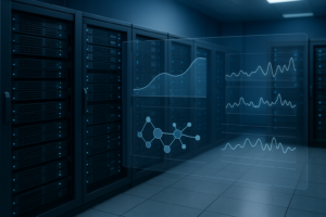 Serverrack med overvågningspanel til analyse af Redis-replikationsoffset