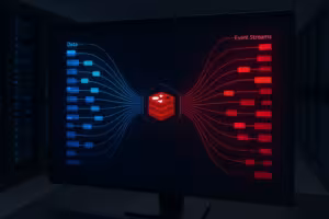 Visualisatie van een moderne Redis Streams-architectuur met gegevensstromen in een datacenter