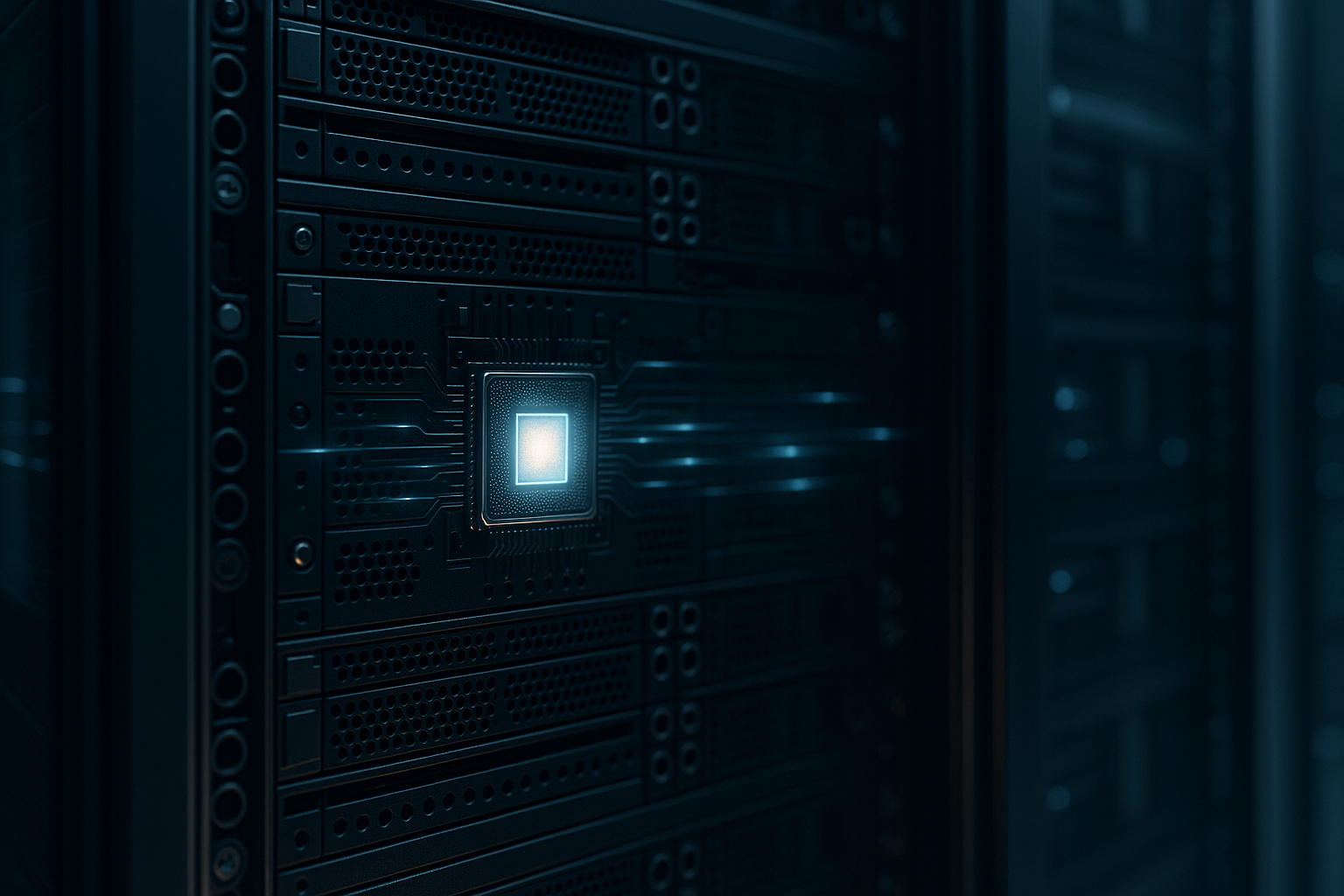 Photorealistic data center with an icon representing a tickless kernel and steady CPU utilization