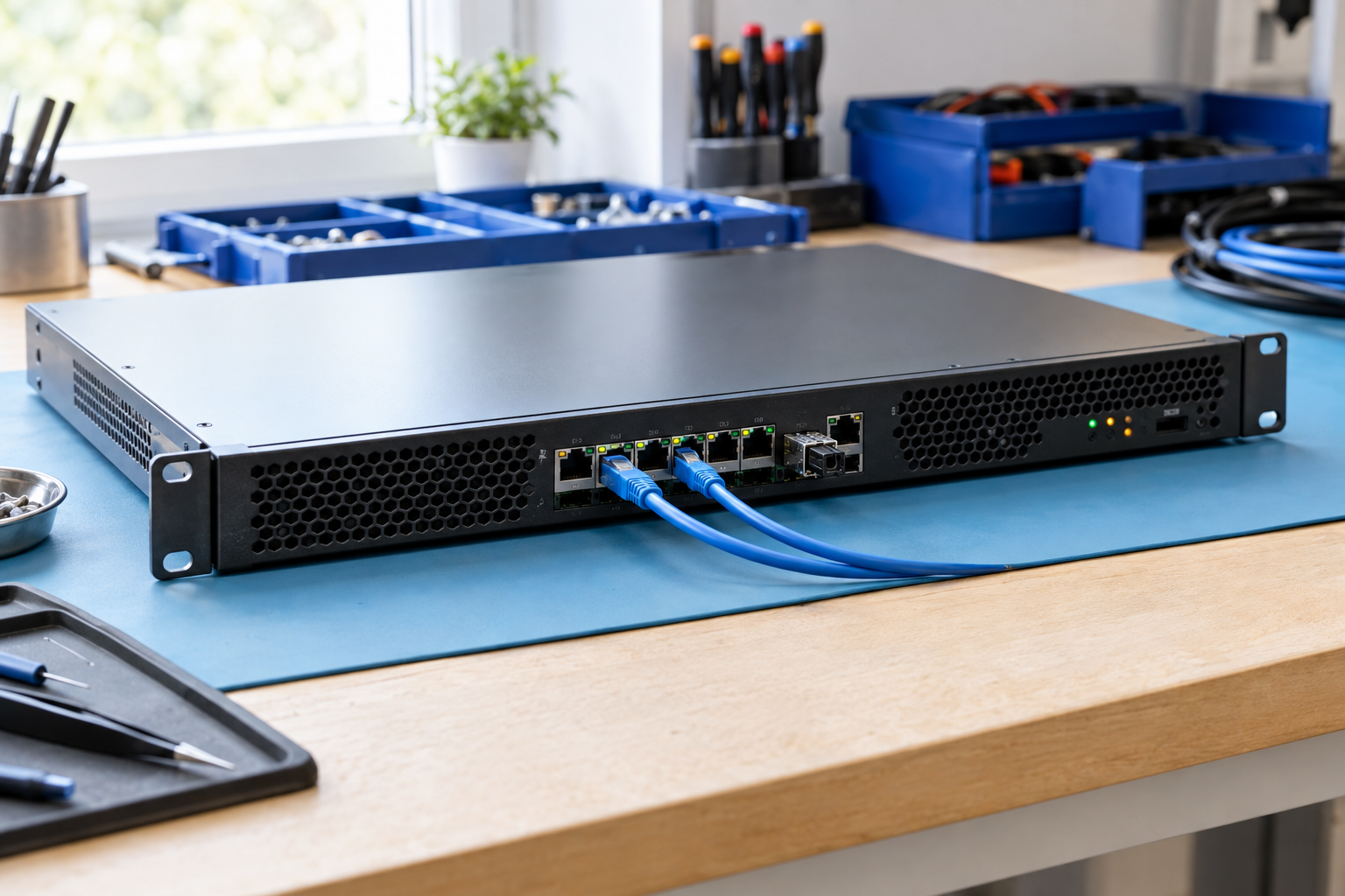 A modern network appliance on a light-colored ESD work surface, symbolizing the testing of web server infrastructure.