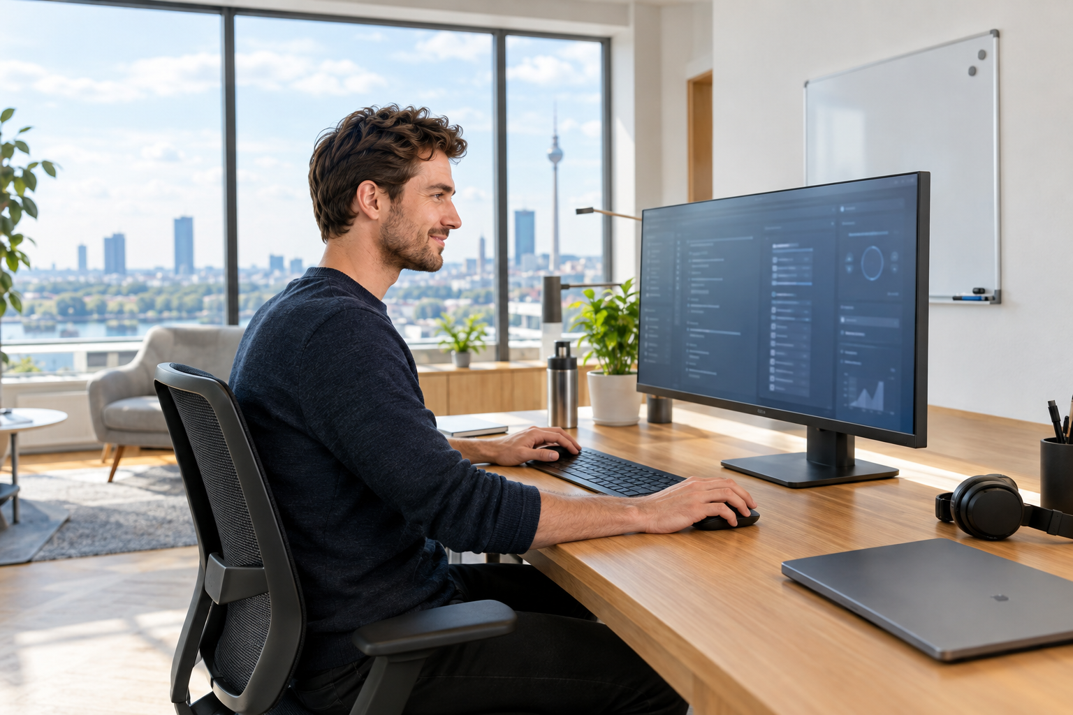 Een beheerder controleert een geplande update van het hostingpaneel in een licht kantoor.