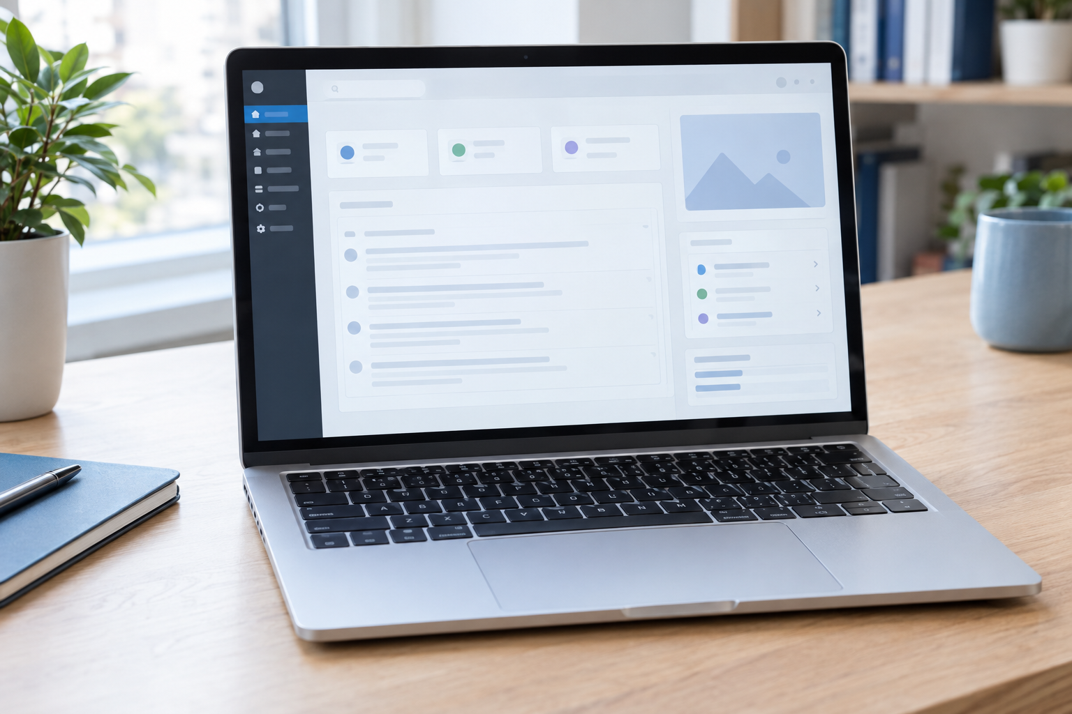 Närbild av en bärbar dator med ett abstrakt WordPress-testgränssnitt i webbläsaren